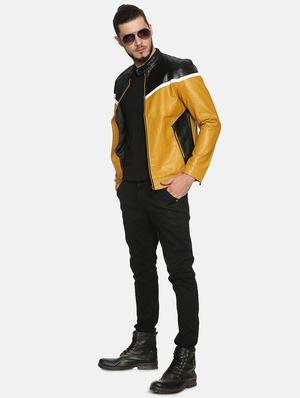 yellow color block pu biker jacket - 17427126 - Standard Image - 4