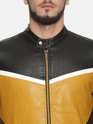 yellow color block pu biker jacket - 17427126 - Standard Image - 5