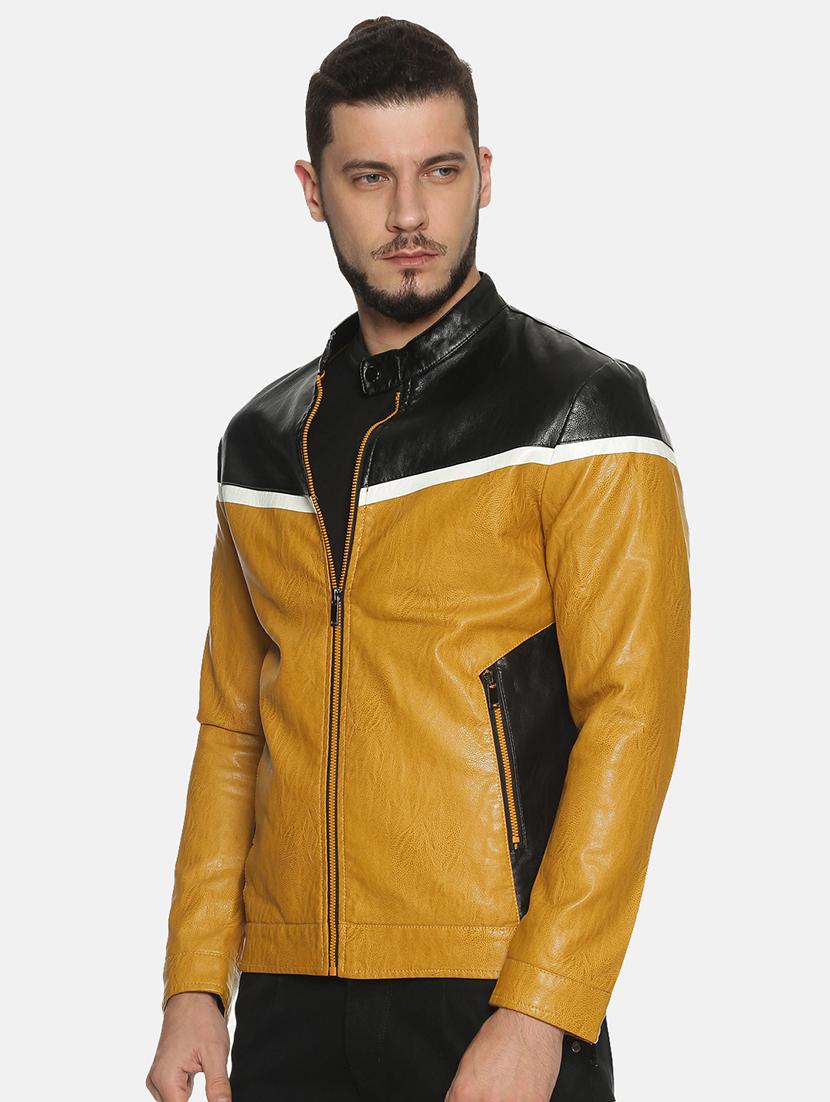 yellow color block pu biker jacket - 17427126 - Zoom Image - 2