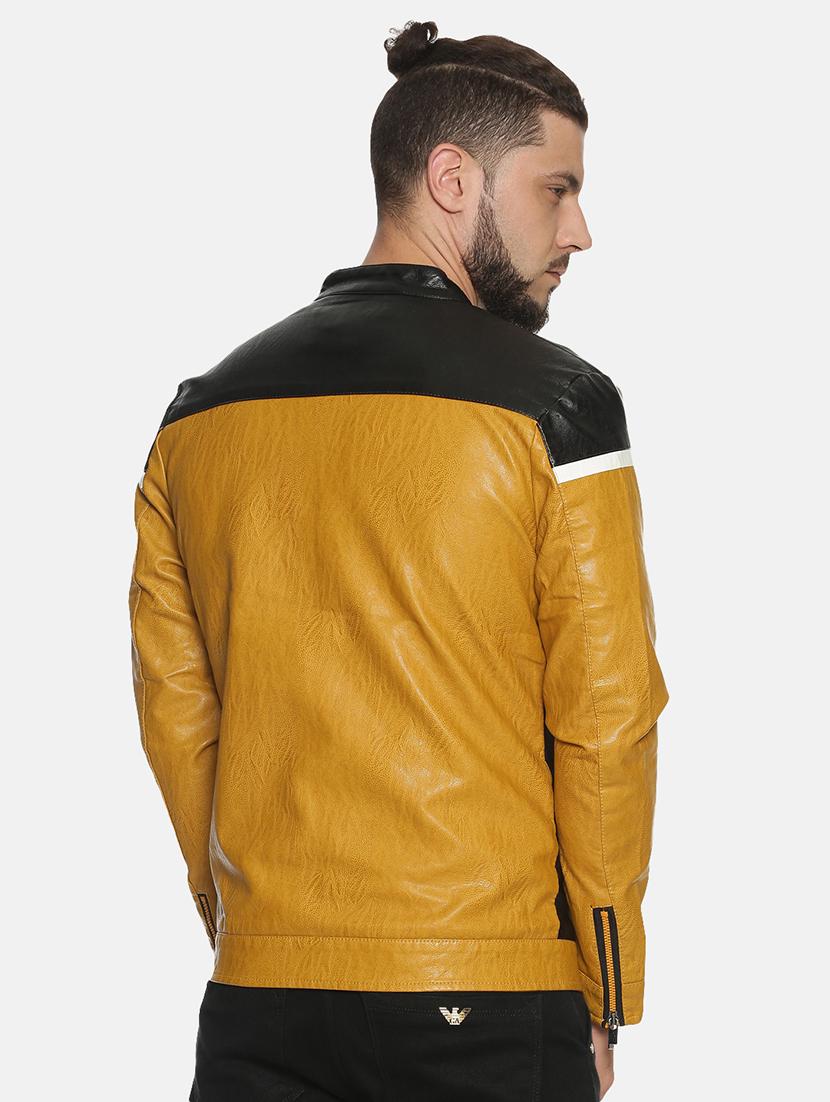 yellow color block pu biker jacket - 17427126 - Zoom Image - 3