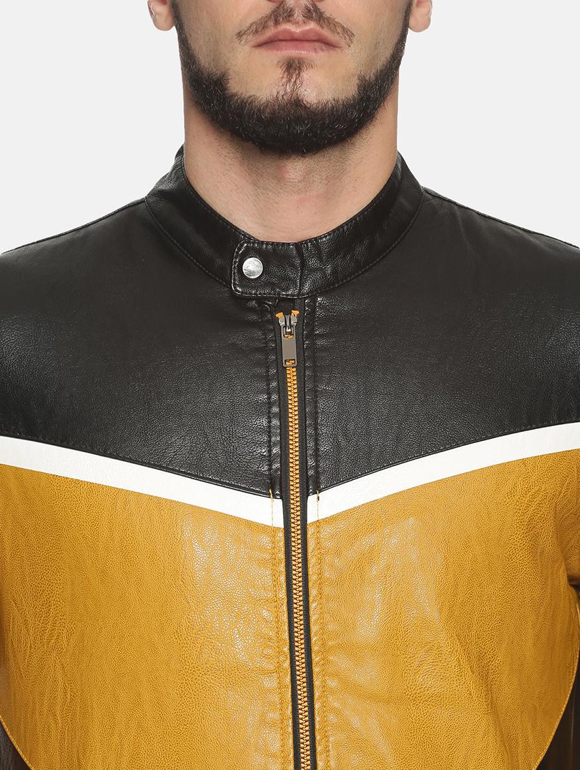 yellow color block pu biker jacket - 17427126 - Zoom Image - 5