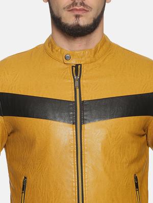 yellow color block pu biker jacket - 17427128 - Standard Image - 5