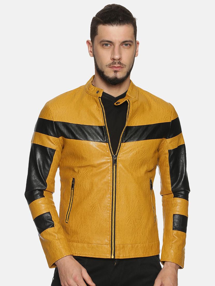yellow color block pu biker jacket - 17427128 - Zoom Image - 1