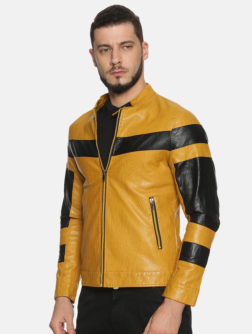 yellow color block pu biker jacket - 17427128 - Zoom Image - 2