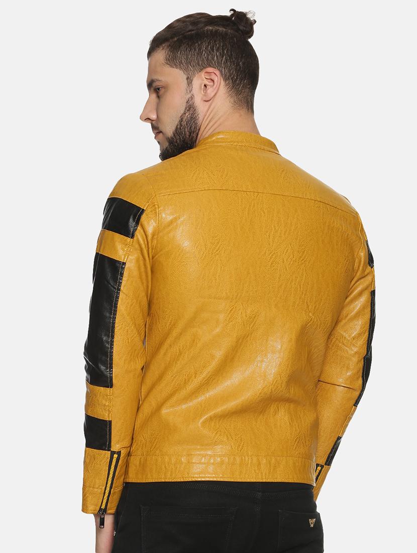 yellow color block pu biker jacket - 17427128 - Zoom Image - 3