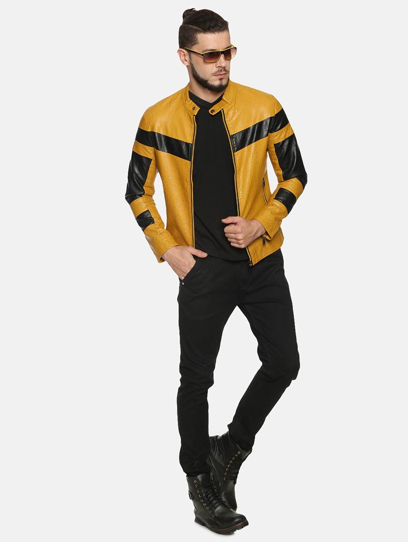 yellow color block pu biker jacket - 17427128 - Zoom Image - 4