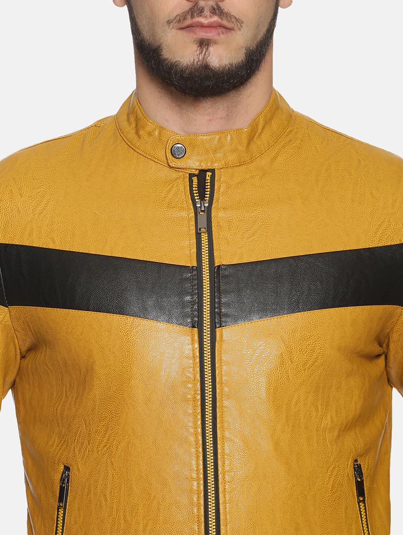 yellow color block pu biker jacket - 17427128 - Zoom Image - 5
