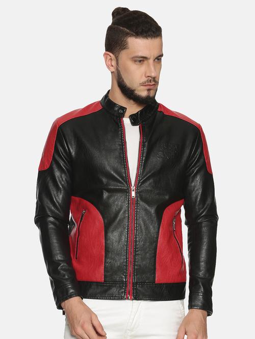 black color block pu biker jacket - 17427130 - Standard Image - 1