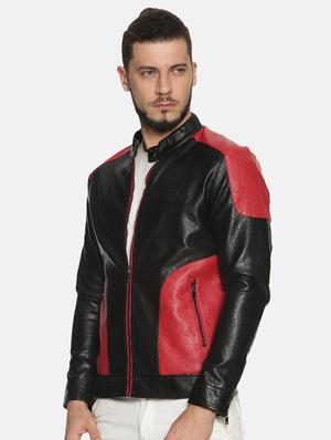 black color block pu biker jacket - 17427130 - Standard Image - 2