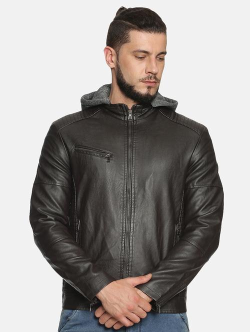 brown solid pu biker jacket - 17427132 - Standard Image - 1
