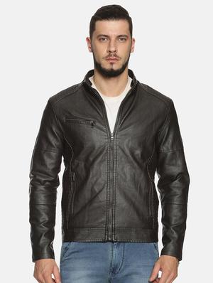 brown solid pu biker jacket - 17427132 - Standard Image - 2
