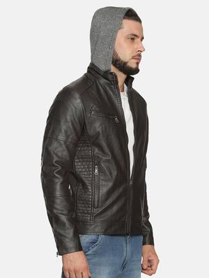 brown solid pu biker jacket - 17427132 - Standard Image - 3