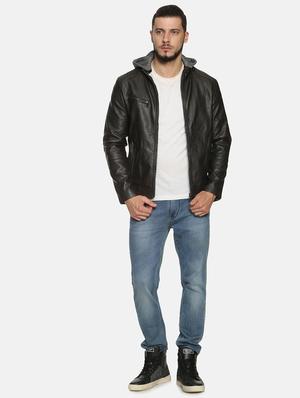 brown solid pu biker jacket - 17427132 - Standard Image - 5