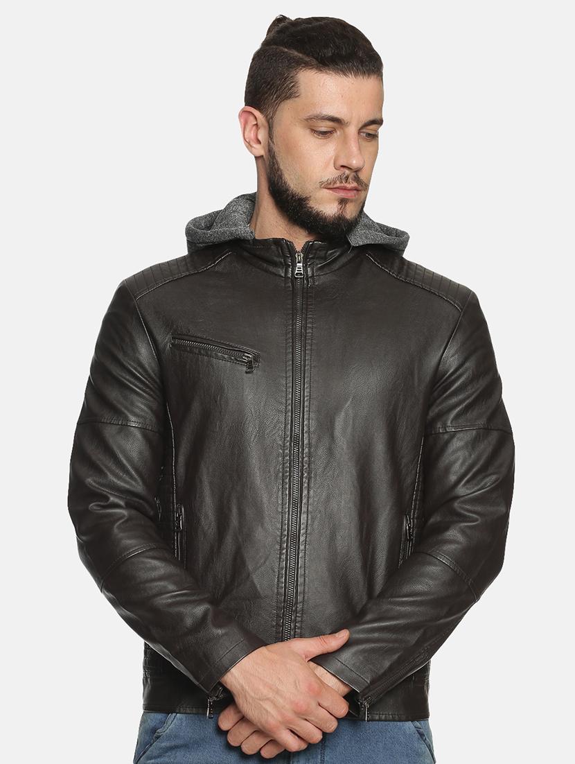 brown solid pu biker jacket - 17427132 - Zoom Image - 1