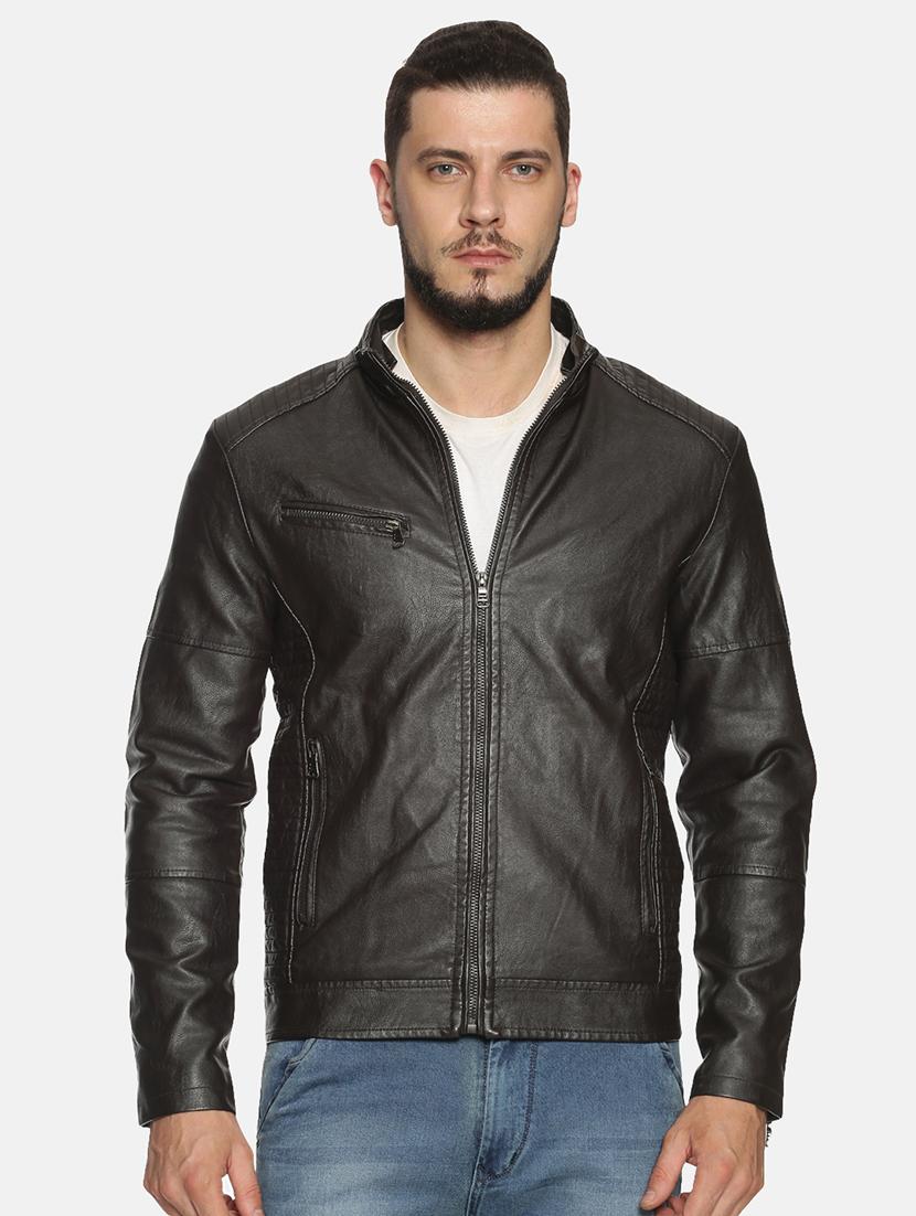 brown solid pu biker jacket - 17427132 - Zoom Image - 2