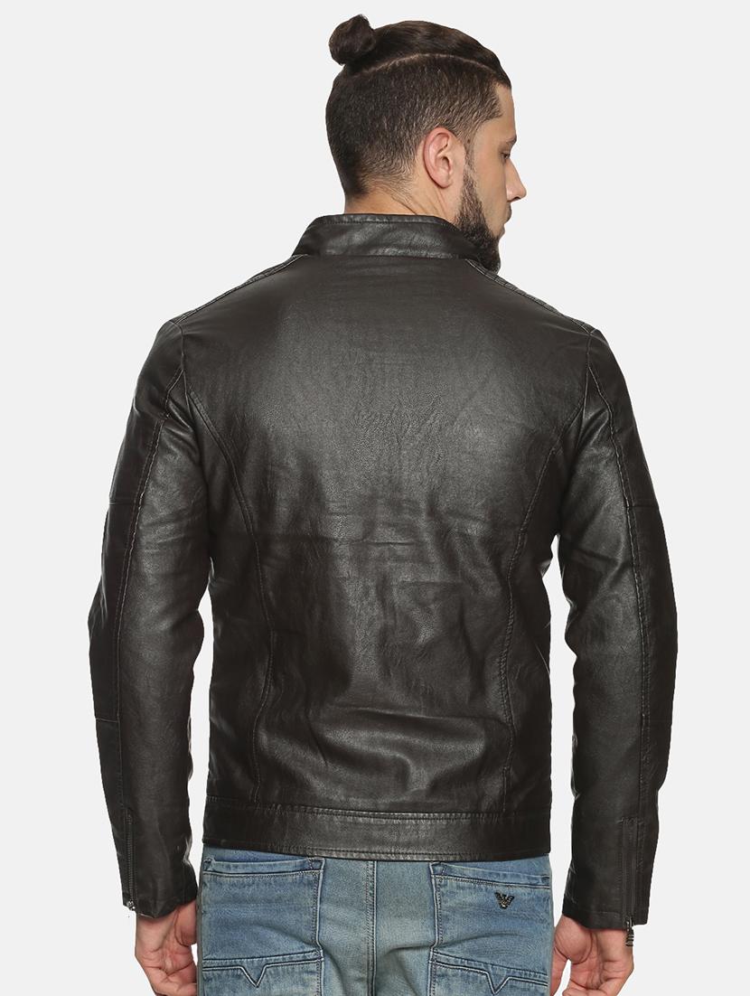 brown solid pu biker jacket - 17427132 - Zoom Image - 4