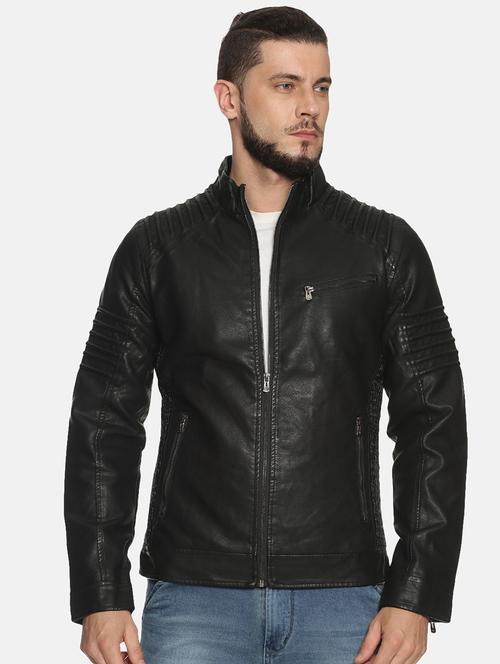 black solid pu biker jacket - 17427139 - Standard Image - 1