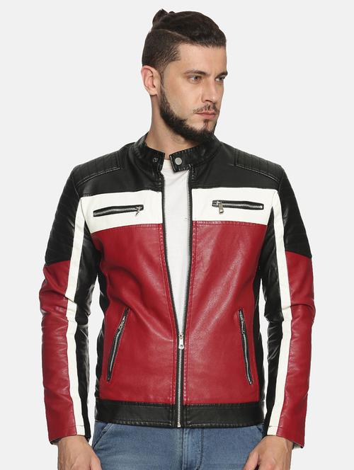 maroon color block pu biker jacket - 17427145 - Standard Image - 1