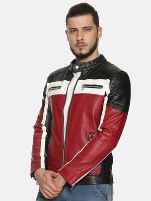 maroon color block pu biker jacket - 17427145 - Standard Image - 2