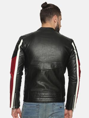 maroon color block pu biker jacket - 17427145 - Standard Image - 3