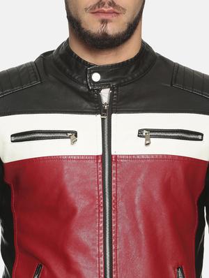 maroon color block pu biker jacket - 17427145 - Standard Image - 5