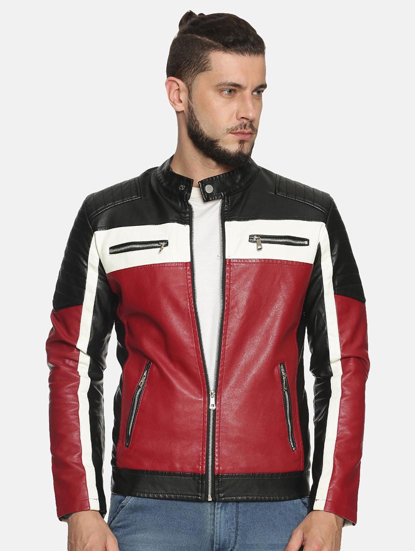 maroon color block pu biker jacket - 17427145 - Zoom Image - 1