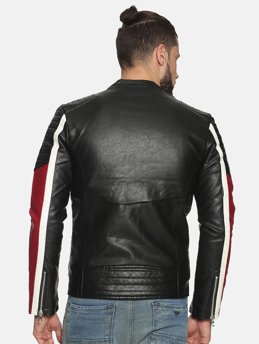 maroon color block pu biker jacket - 17427145 - Zoom Image - 3