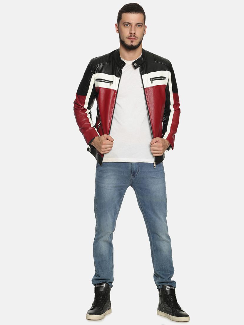 maroon color block pu biker jacket - 17427145 - Zoom Image - 4