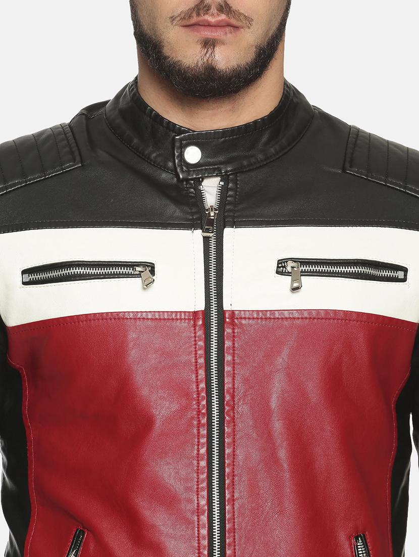 maroon color block pu biker jacket - 17427145 - Zoom Image - 5