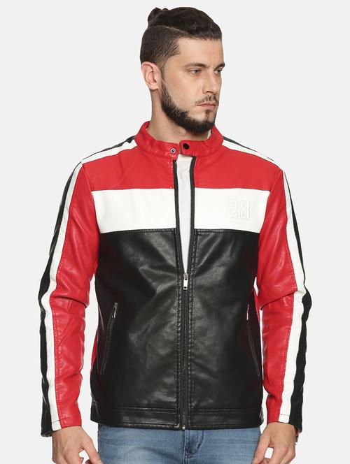 red color block pu biker jacket - 17427148 - Standard Image - 1