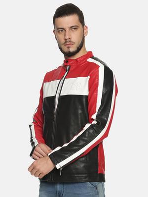 red color block pu biker jacket - 17427148 - Standard Image - 2
