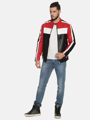 red color block pu biker jacket - 17427148 - Standard Image - 4