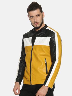 yellow color block pu biker jacket - 17427149 - Standard Image - 2