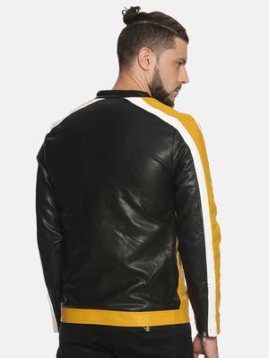 yellow color block pu biker jacket - 17427149 - Standard Image - 3