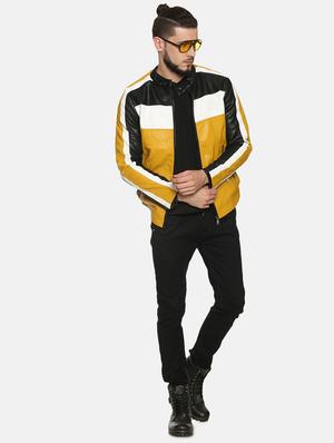 yellow color block pu biker jacket - 17427149 - Standard Image - 4