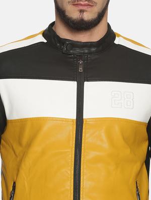 yellow color block pu biker jacket - 17427149 - Standard Image - 5