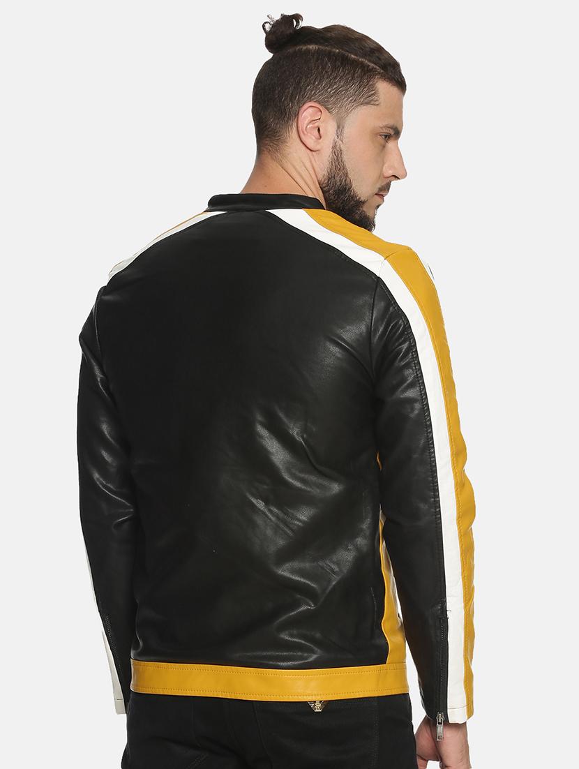 yellow color block pu biker jacket - 17427149 - Zoom Image - 3