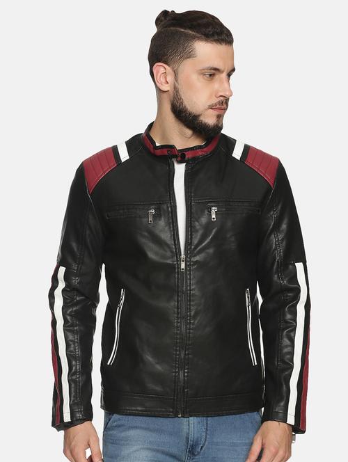 black color block pu biker jacket - 17427150 - Standard Image - 1