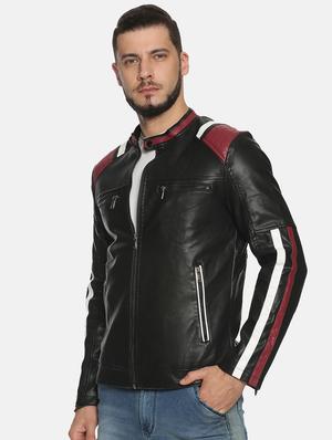 black color block pu biker jacket - 17427150 - Standard Image - 2