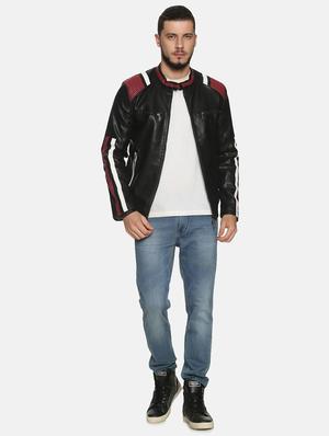 black color block pu biker jacket - 17427150 - Standard Image - 4