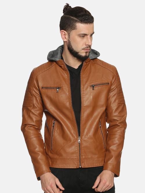 brown solid pu biker jacket - 17427155 - Standard Image - 1