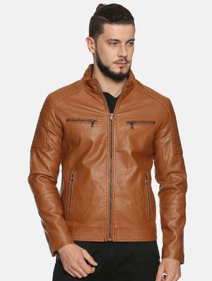 brown solid pu biker jacket - 17427155 - Standard Image - 2