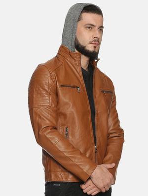 brown solid pu biker jacket - 17427155 - Standard Image - 3