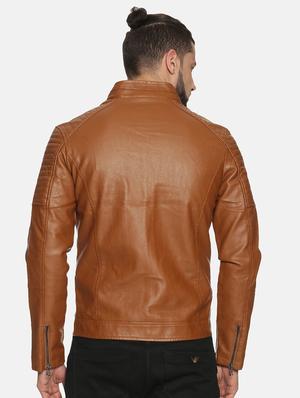 brown solid pu biker jacket - 17427155 - Standard Image - 4