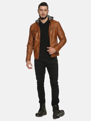 brown solid pu biker jacket - 17427155 - Standard Image - 5