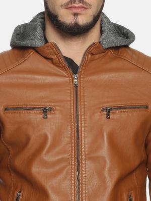 brown solid pu biker jacket - 17427155 - Standard Image - 6