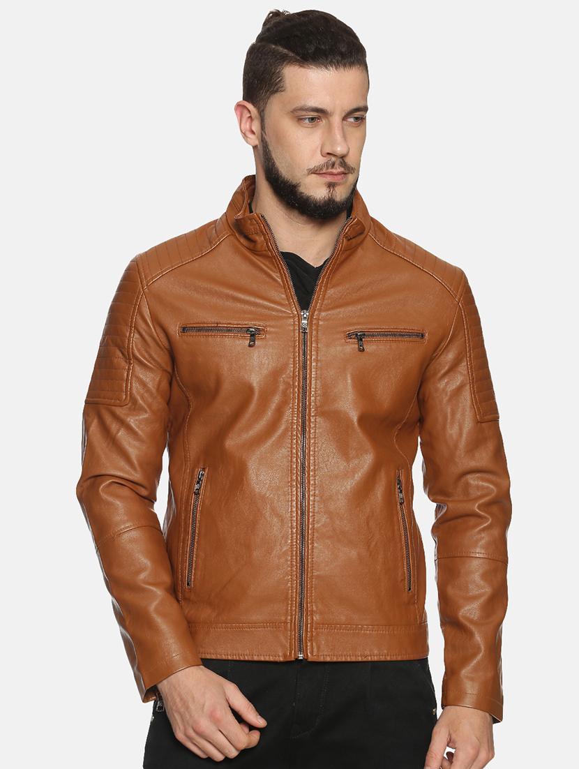 brown solid pu biker jacket - 17427155 - Zoom Image - 2