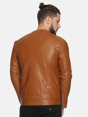 brown solid pu biker jacket - 17427160 - Standard Image - 3