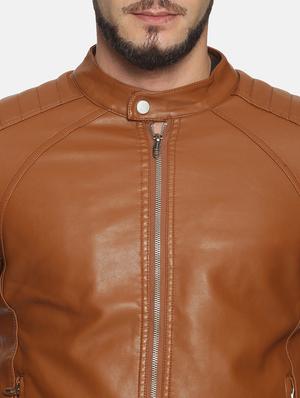 brown solid pu biker jacket - 17427160 - Standard Image - 5