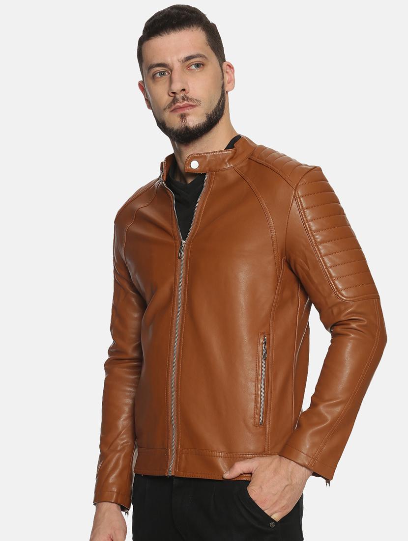 brown solid pu biker jacket - 17427160 - Zoom Image - 2